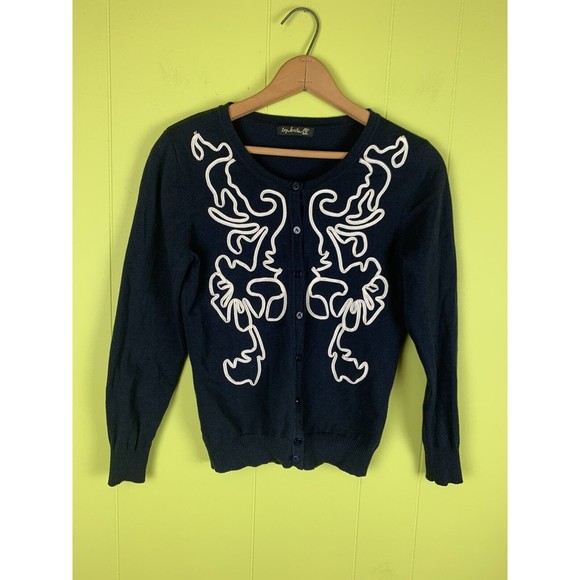 Top Knits Woman’s Sweater Small Navy Blue Buttons Up Embroidery Braid - Picture 6 of 10